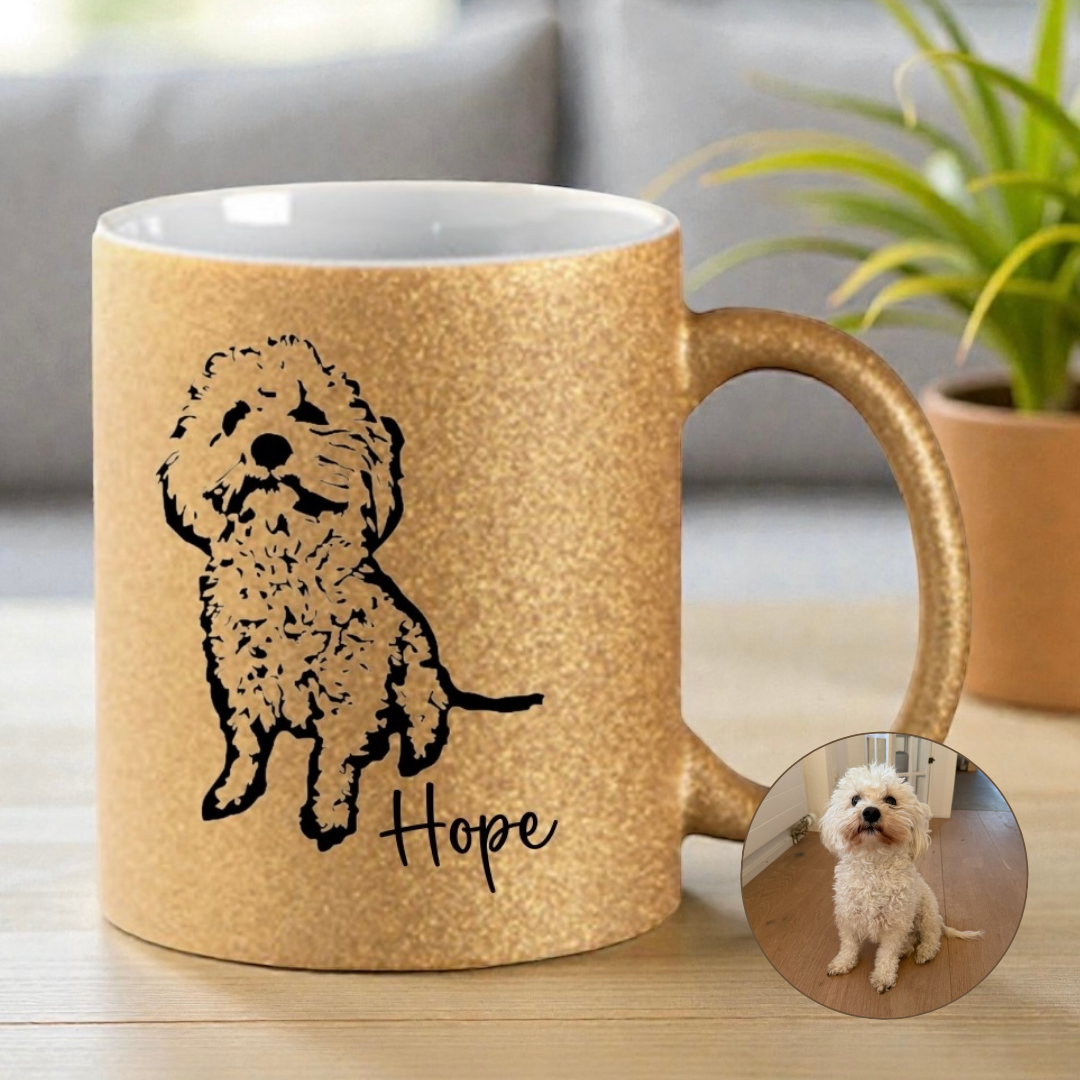 Personalisierte Glitzertasse mit Lineart deines Haustiers