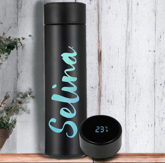 Thermosflasche mit Temperaturanzeige und individuellem Schriftzug