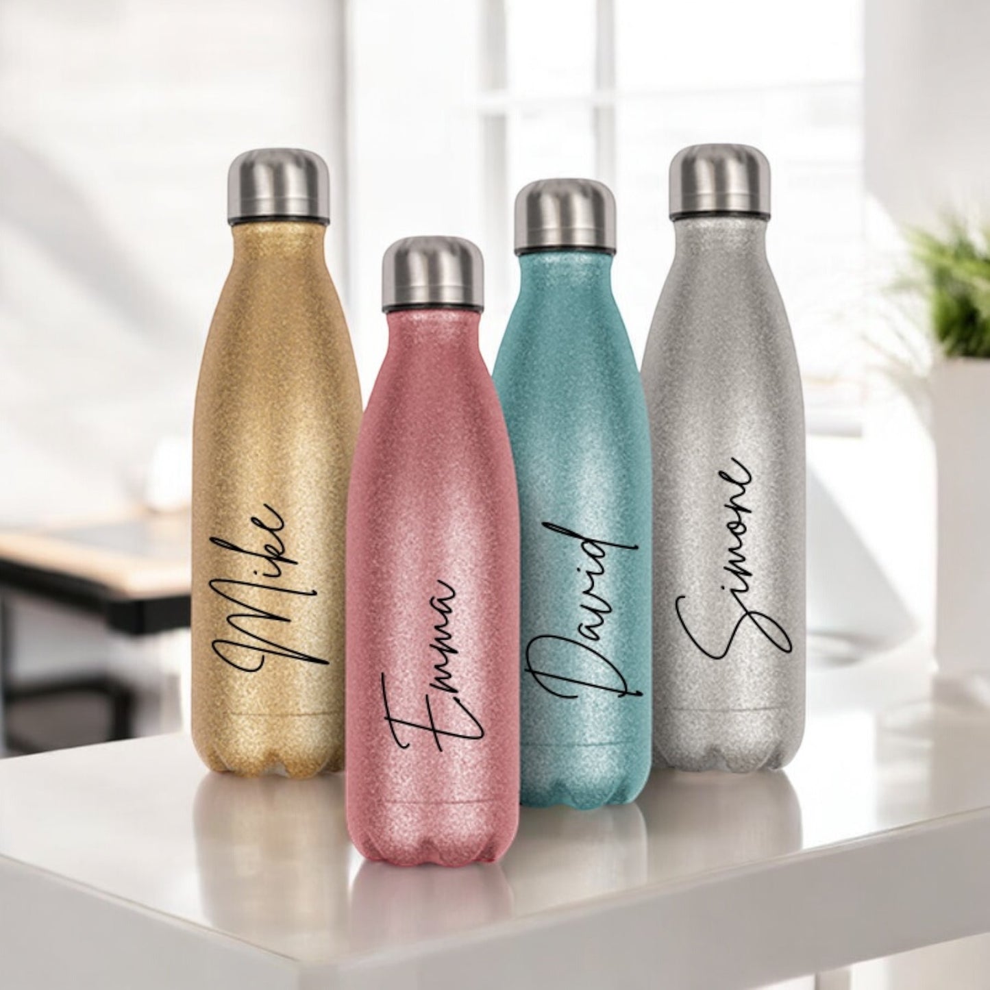 Glitzer Edelstahl-Thermosflasche personalisiert